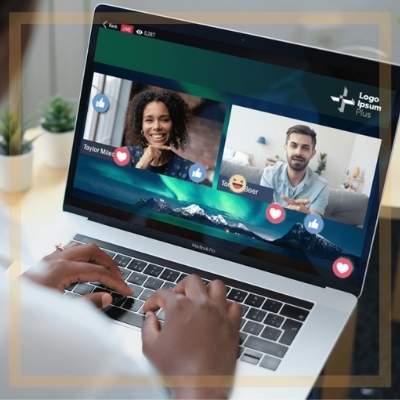 laptop with two speakers at a virtual conference